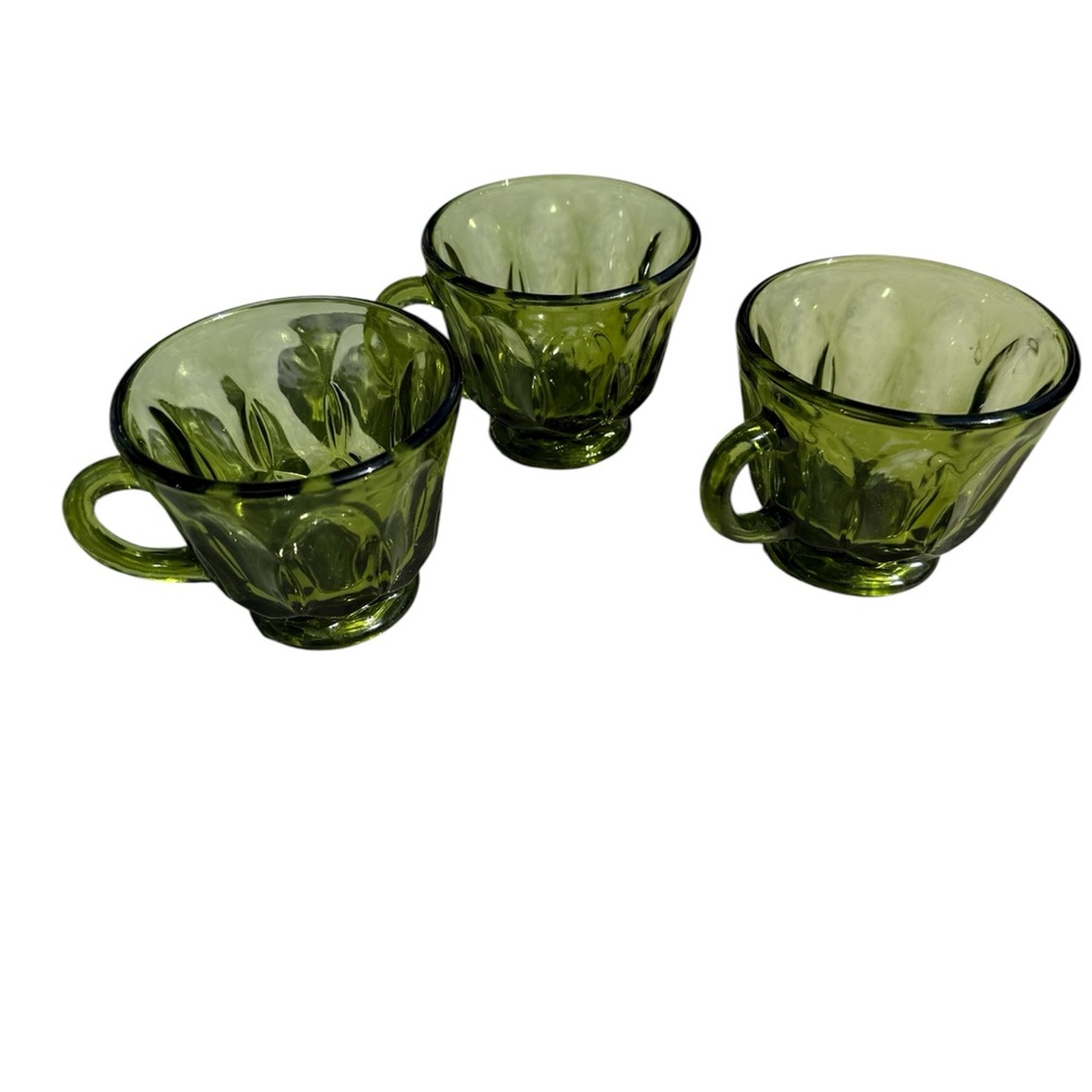 VINTAGE ANCHOR HOCKING TEA CUP's (Lot of 3) GREEN GLASS 6oz 2" TALL